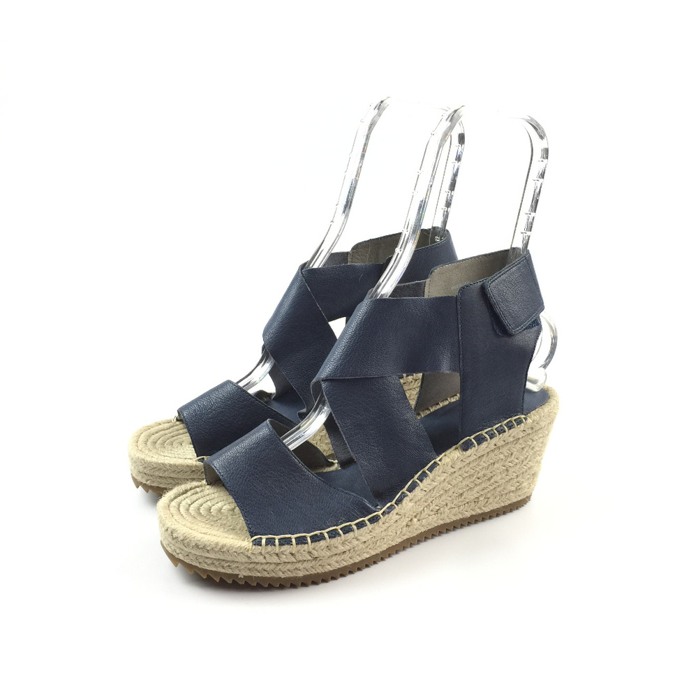 Eileen Fisher Navy Blue Leather Espadrille Wedge Sandals